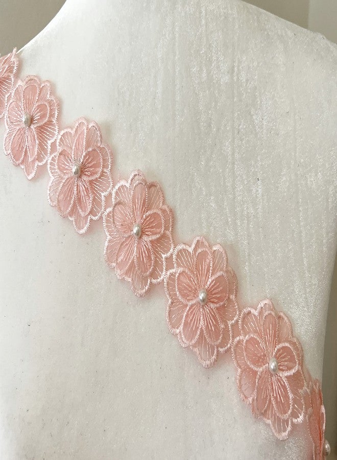 PEPPERLONELY 1 Yard 18PC 3D Pearl Flower Embroidered Lace Edge Trim Ribbon, Flower Size 1.75 x 1.75 Inches, Pink - Image 3